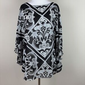 Bob Mackie Poncho Top Womens Medium Black‎ Damask Shimmer Sheer Kafton Casual M